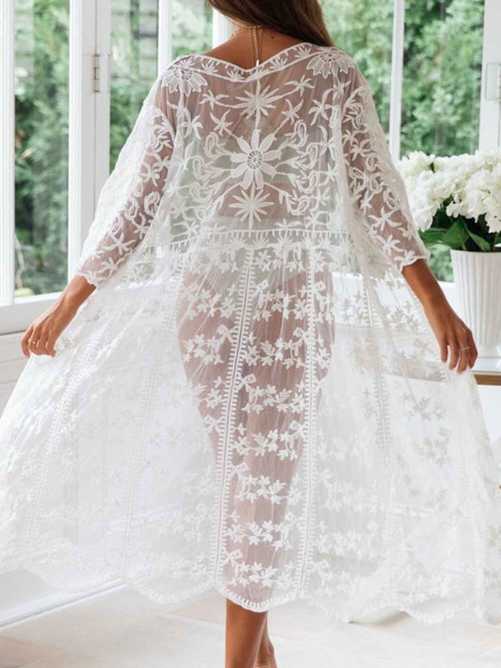 White boho mesh Sheer Embroidered Cover-Up - Picture 6 of 6